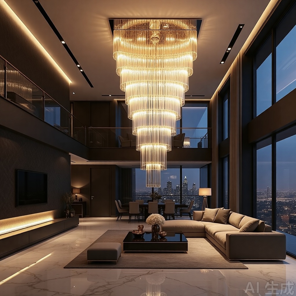 Concept interior with a sculptural crystal chandelier